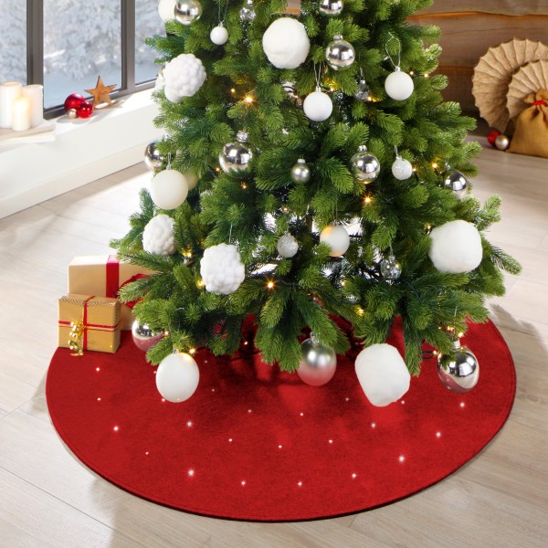 LED Weihnachtsbaumteppich/-Unterlage Filz rot, 100 cm rund mit 50 Micro-LED